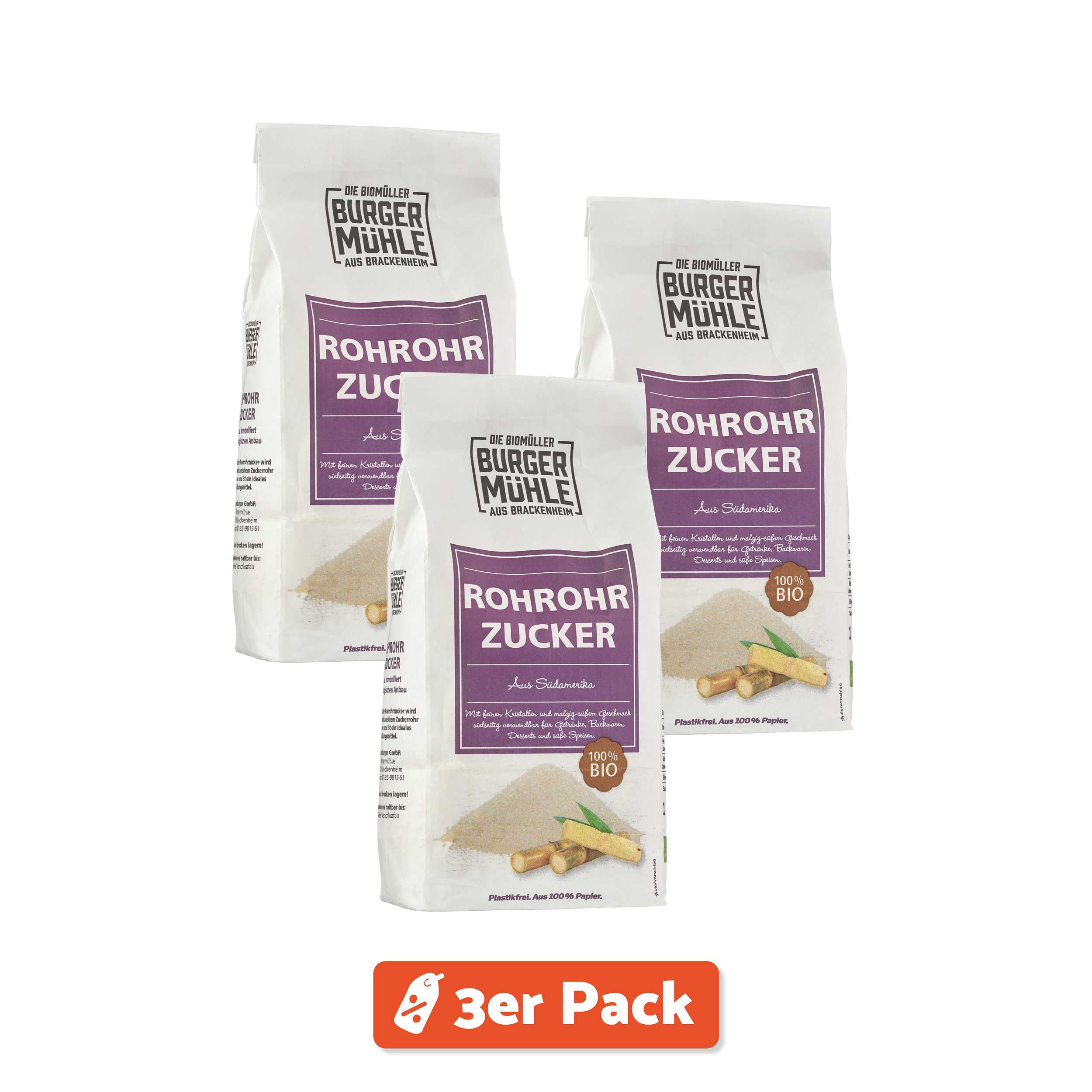 3er Pack Burgermühle Rohrohrzucker 1kg