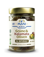 MANI Grüne & Kalamata Oliven al naturale, entkernt, bio, NL Fair