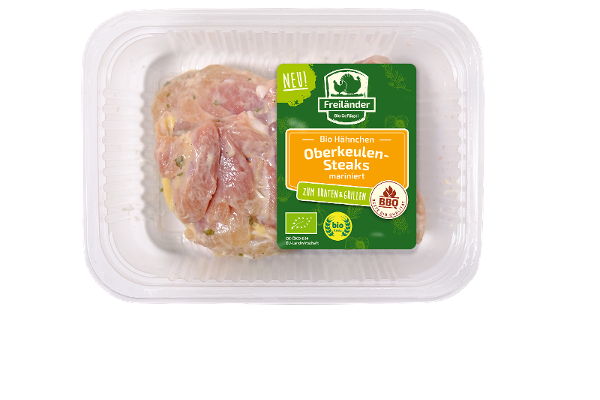 Produktfoto zu Freiländer Bio Geflügel Hähnchenoberkeulensteaks Knoblauch ca. 350g