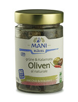 MANI Grüne & Kalamata Oliven al naturale, Chili & Kräutern, bio, NL Fair, 205g