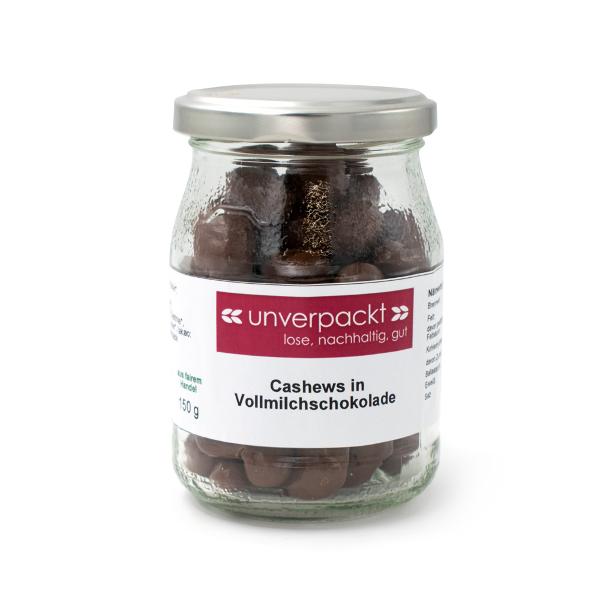Produktfoto zu Cashews in Vollmilchschokolade, Pfandglas 150g